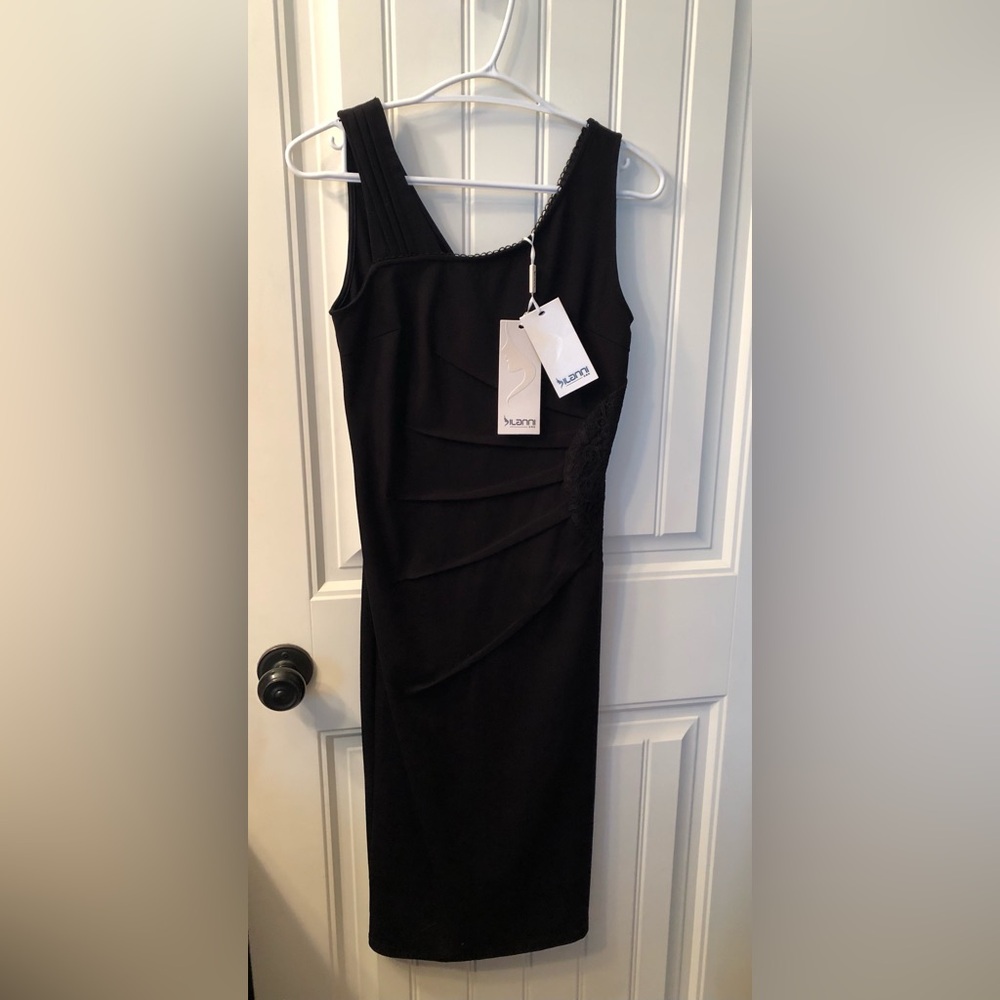Sleeveless Black Midi Sheath Dress with Asymmetric Paneled Front